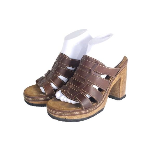 Bongo Women's Vintage 90s Y2K US10 Brown Leather Wooden Chunky Platform Sandals - Picture 1 of 16
